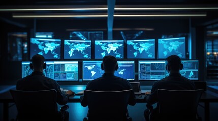 Male data Scientists Work on Personal Computers at Night in a Large Infrastructure Monitoring and Control Room