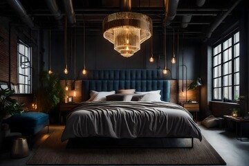 an industrial bedroom with a large, statement-making industrial chandelier
