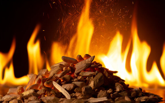 a stack of wooden chips with flames in the background, AI generated