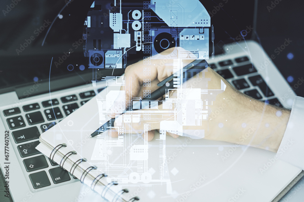 Aufkleber double exposure of creative artificial intelligence symbol with hand writing in notebook on backgrou