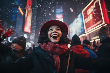 woman cheering celebrate new year eve time square Manhattan under the led billboard signage   - obrazy, fototapety, plakaty