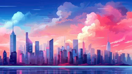 Fotobehang Big city skyscrapers skyline landscape illustration in cartoon style. Scenery abstract background © Pixel Pine