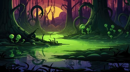 Toxic swamp in magic forest landscape illustration in cartoon style. Scenery background for game