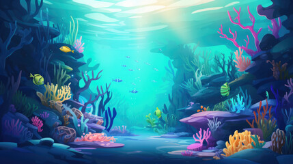 Underwater ocean bottom, coral reefs landscape illustration in cartoon style. Scenery background