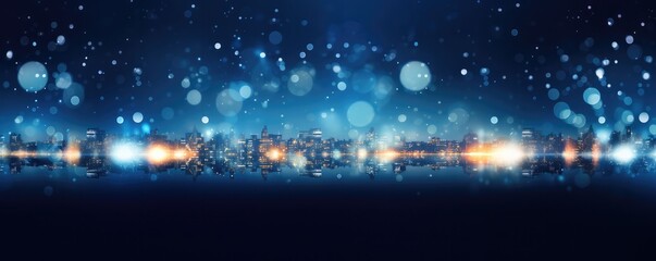 Blurred City Lights Create Abstract Bokeh On Blue Background Space For Text. Сoncept Macro Photography, Dramatic Landscapes, Candid Street Moments, Serene Nature Scenes - obrazy, fototapety, plakaty