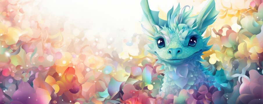 Aigenerated Abstract Design With A Cute Dragon And Spring Colors Space For Text. Сoncept Abstract Dragon Illustration, Vibrant Spring Palette, Text-Friendly Composition