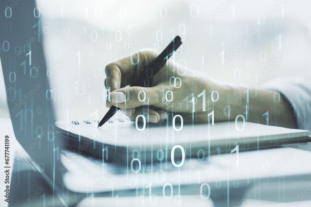 Leinwandbilder creative abstract binary code hologram and hand writing in diary on background with laptop, ai and m