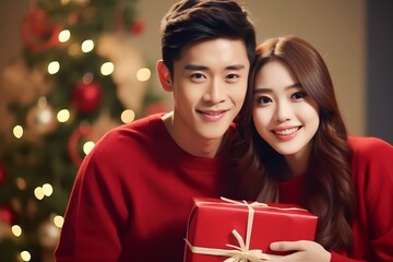 Fototapeta na wymiar Portrait of young asian couple holding wrapped gift presents wear red warm sweaters on christmas eve indoors