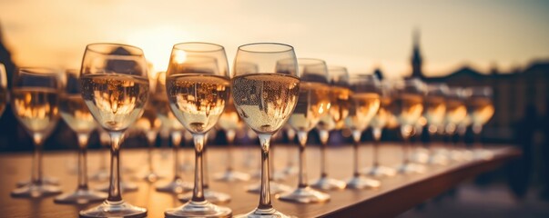 Naklejka premium Glasses Filled With Champagne Space For Text. Сoncept Stunning Sunset Landscape, Cozy Winter Cabin, Vibrant Street Art, Serene Beach Getaway