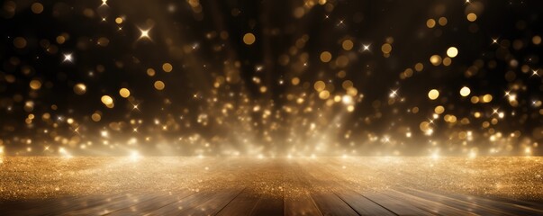 Golden Confetti Rain With A Light Beam On An Empty Stage Space For Text. Сoncept Golden Confetti Rain, Light Beam, Empty Stage, Text Space - obrazy, fototapety, plakaty