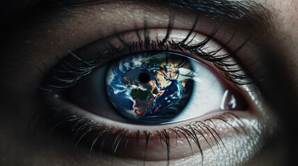 Head, A Map Of The Earth, With An Eye Space For Text. Сoncept World Exploration, Global Perspectives, Mapping The World, Eye On The World, Adventure Awaits - obrazy, fototapety, plakaty
