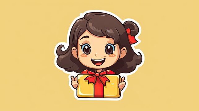  a sticker of a girl holding a yellow box with a red bow on her head and holding a yellow box with a red bow on her head and a yellow background.  generative ai
