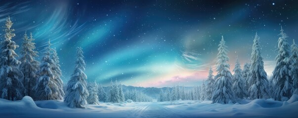 Wintery Forest With A Decorated Christmas Tree And Aurora Borealis Space For Text. Сoncept Whimsical Winter Wonderland, Festive Forest Delight, Enchanting Aurora Dreams, Magical Christmas Tree - Powered by Adobe