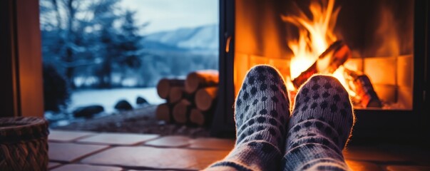 Womans Feet Near A Fireplace, Enjoying A Cup Of Coffee Serene Winter Scene With Snowfallcovered Tree At Dusk Space For Text - obrazy, fototapety, plakaty