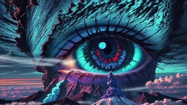Big human eye against the backdrop of a mountain landscape, illustrations transformations and metamorphose. AI generated video