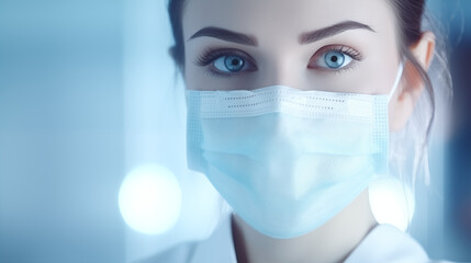 Face close up of a woman medical doctor with mask. Health Care and Medicine advertising concept.
