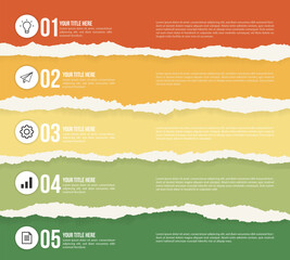 Realistic torn or ripped colorful paper background with infographic design for corporate business marketing. Success workflow report, information flow chart or social media data presentation diagram.