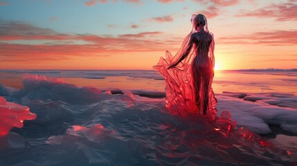  a woman in a long red dress standing on a beach with the sun setting over the water and icebergs in the foreground, with a pink and blue sky in the background.  generative ai