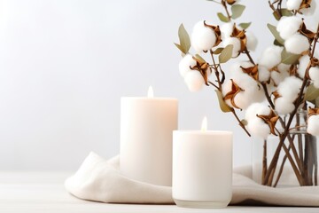 Fototapeta na wymiar minimalistic table with cotton flowers and aroma candles near the light wall. Banner for design