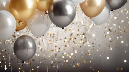 Birthday card. Happy birthday. Air balloons, Foil balloons, Birthday balloon, glitter confetti elements. 