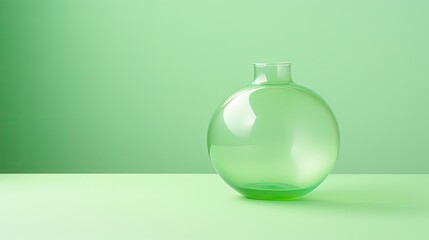 a green vase sitting on a table with a green wall in the background and a light green wall to the right of the vase, and a light green wall to the left.  generative ai