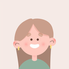 Cheerful woman avatar. Custom portrait. The face of female character. Avatar of smiling girl with blonde hair in tshirt. Vector illustration