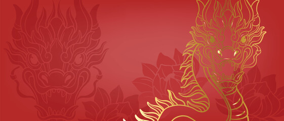 Chinese red background, vector oriental China golden dragon banner, 2024 New Year texture, lotus. Luxury traditional Asian holiday wallpaper, zodiac sign minimal celebration poster. Chinese background - obrazy, fototapety, plakaty