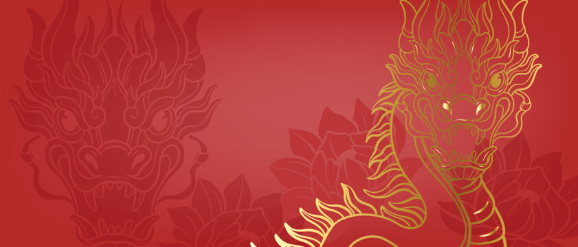 Chinese red background, vector oriental China golden dragon banner, 2024 New Year texture, lotus. Luxury traditional Asian holiday wallpaper, zodiac sign minimal celebration poster. Chinese background