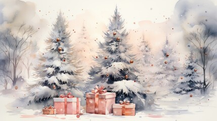  a painting of a snowy christmas scene with presents in front of a fir tree with snow on the ground and a snow covered forest with snowflakes in the background.  generative ai
