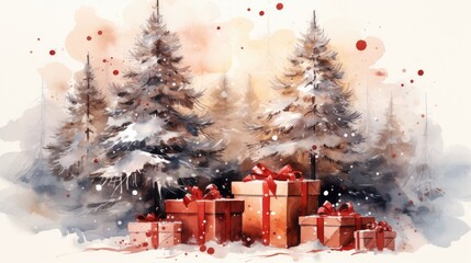  a watercolor painting of a christmas scene with presents in front of a snowy evergreen tree with snow falling on the ground and a red and white present box in the foreground.  generative ai