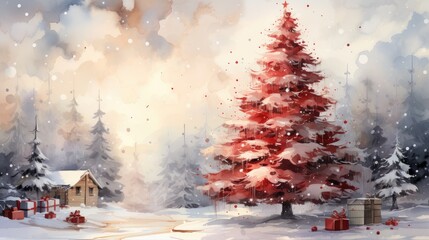  a painting of a snowy landscape with a red christmas tree in the foreground and a small cabin on the far side of the picture in the middle of the picture.  generative ai