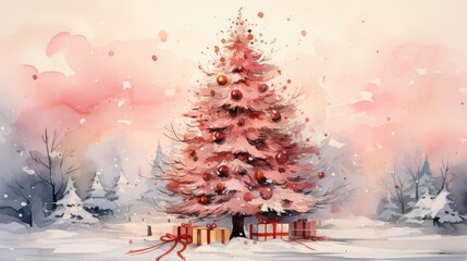  a watercolor painting of a pink christmas tree with presents in front of it and a red bow on the bottom of the tree, with a pink sky and white background.  generative ai