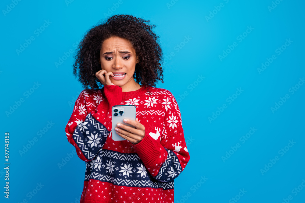 Poster photo of afraid scared girl wear trendy ornaments sweater oops guilty read social media post empty s