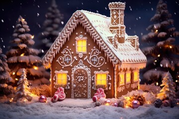 Traditional Christmas gingerbread house with icing on the background of garlands of lights