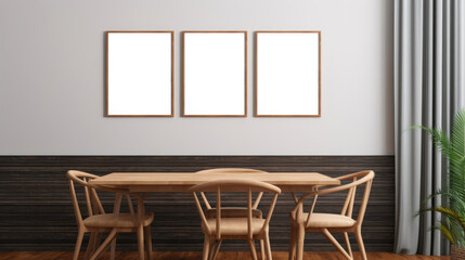 Mockup of posters or framed paintings in a dining room with a wooden table and chairs