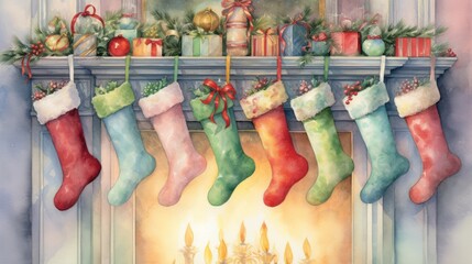  a painting of christmas stockings hanging from a mantel with presents and a fireplace in front of a fireplace mantel with a christmas tree and stockings hanging from the mantel.  generative ai
