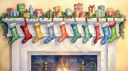  a painting of christmas stockings hanging from a mantel over a fire place with presents on the mantel and stockings hanging from a mantel over the mantel.  generative ai