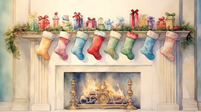  a painting of christmas stockings hanging from a mantel over a fire place with a clock and a clock on top of the mantel and a mantel with presents on the mantel.  generative ai