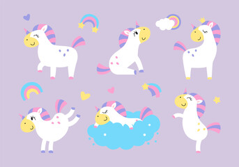Set of cute unicorns. Stars, rainbows, clouds. Vector cartoon illustration