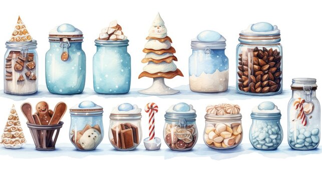  a painting of a shelf filled with jars filled with different types of cookies and candies and a christmas tree on top of one of the jars is surrounded by other jars.  generative ai