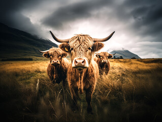 Highland cows in a field in the Scottish highlands - obrazy, fototapety, plakaty