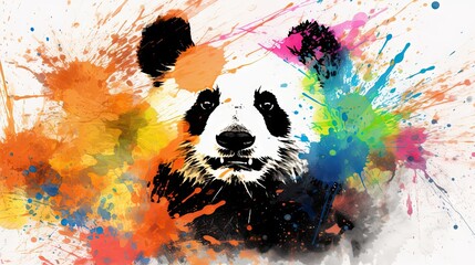  a painting of a panda bear with paint splatters on it's face and a black, white, yellow, red, and blue design on its face.  generative ai