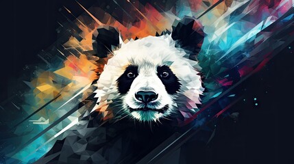  a painting of a panda bear on a black background with a colorful pattern of lines and dots around it's face and the panda bear's head is looking at the camera.  generative ai