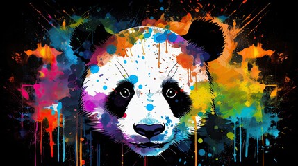  a painting of a panda bear with paint splatters on it's face and a black background that has multicolored paint splatters all over it.  generative ai