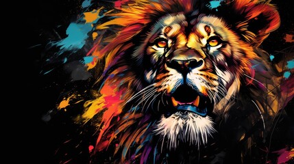 a close up of a lion's face with colorful paint splatters on it's face and a black background with blue, yellow, red, orange, yellow, orange, and red, and black spots.  generative ai