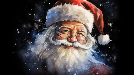  a painting of a santa claus wearing glasses and a santa hat with snow flakes on the bottom and bottom of his hat, with a black background of snow.  generative ai