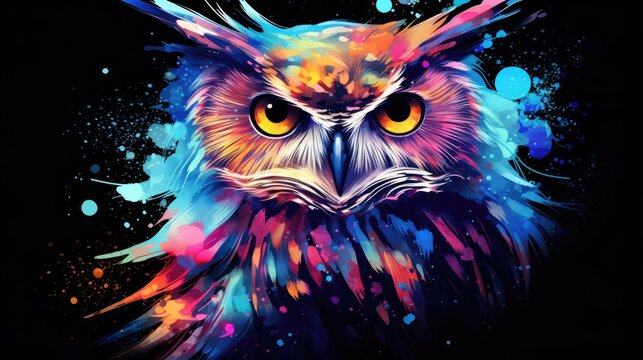  a painting of an owl's face with colorful paint splatters on it's face and a black background with blue, red, yellow, orange, pink, purple, and green, and blue colors.  generative ai