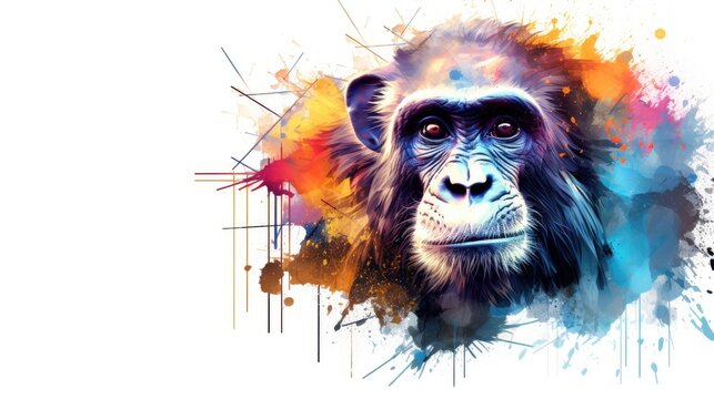  a watercolor painting of a monkey's face with a splash of paint on the back of it's face and a splash of paint on the front of the back of its face.  generative ai