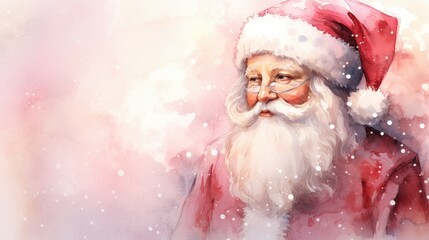  a watercolor painting of a santa clause wearing a red and white suit and holding his hand up to the side of his face with snow falling on the ground behind him.  generative ai - obrazy, fototapety, plakaty