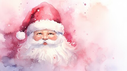  a watercolor painting of a santa clause wearing a red hat and beard with snow flakes on the background of a watercolor painting of a pink and white background.  generative ai - obrazy, fototapety, plakaty